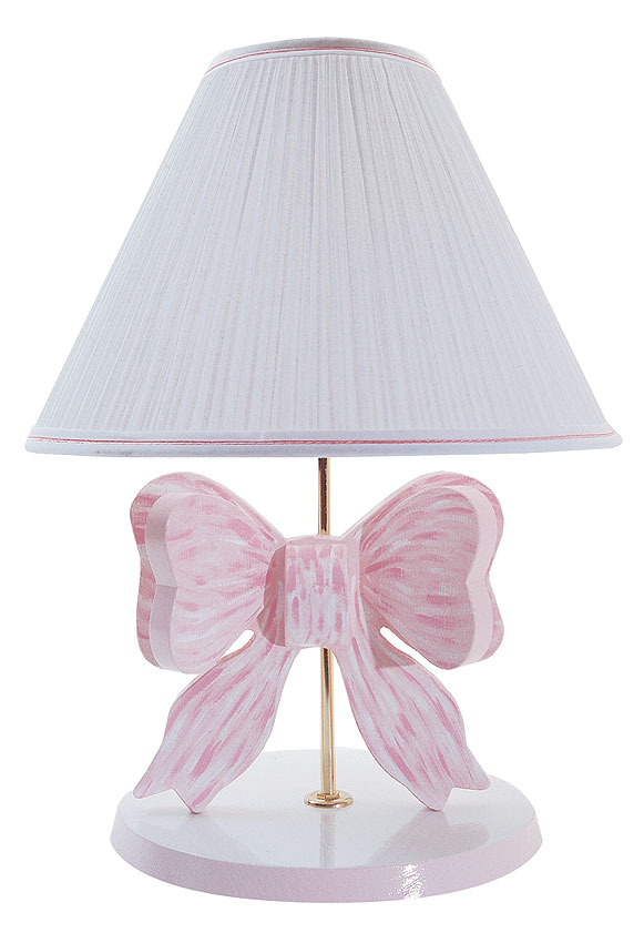 Handpainted Wooden Pink Bow Lamp with White Pleated Shade