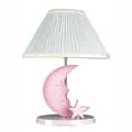 Pink Handpainted Wooden Moon Lamp with White Pleated Shade