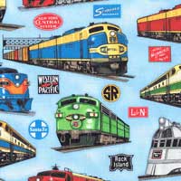 Locomotive Trains Blue Fabric