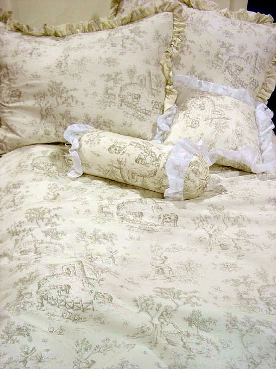 Isabella Grey Toile Ruffled 14" White Throw Pillow