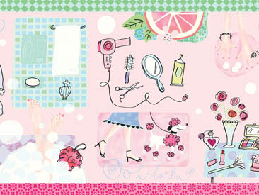 Girl Bath Accessories Wall Border with Pink Background