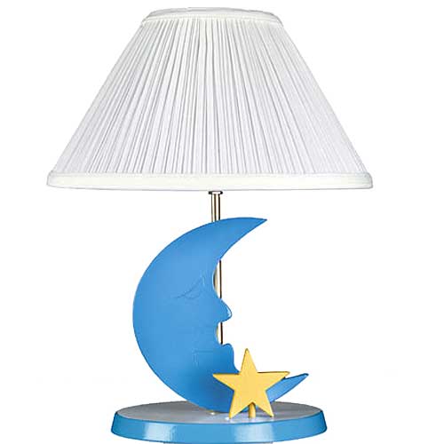 Blue Handpainted Wooden Moon Lamp with White Pleated Shade