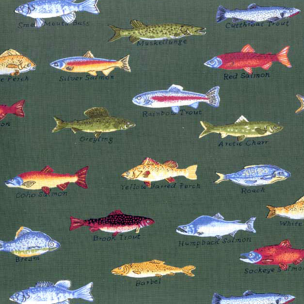 Gone Fishing Fabric by the Yard - Green Fish