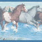 Horses Trotting Through a River Blue Wall Border