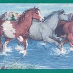 Horses Trotting Through a River Green Wall Border